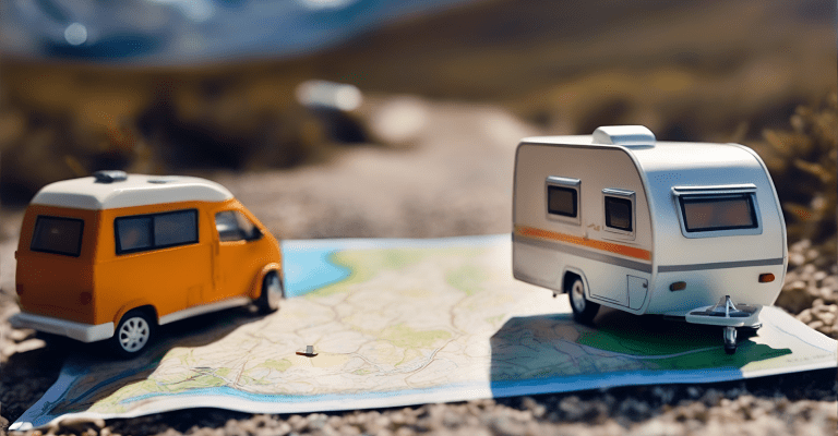 Camper en caravan op een landkaart met natuur op de achtergrond